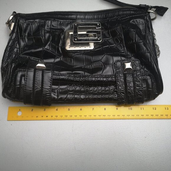 Guess Ladies Black Faux Leather Zipper Closure Chain Straps Hand/Shoulder Bag - Picture 8 of 11